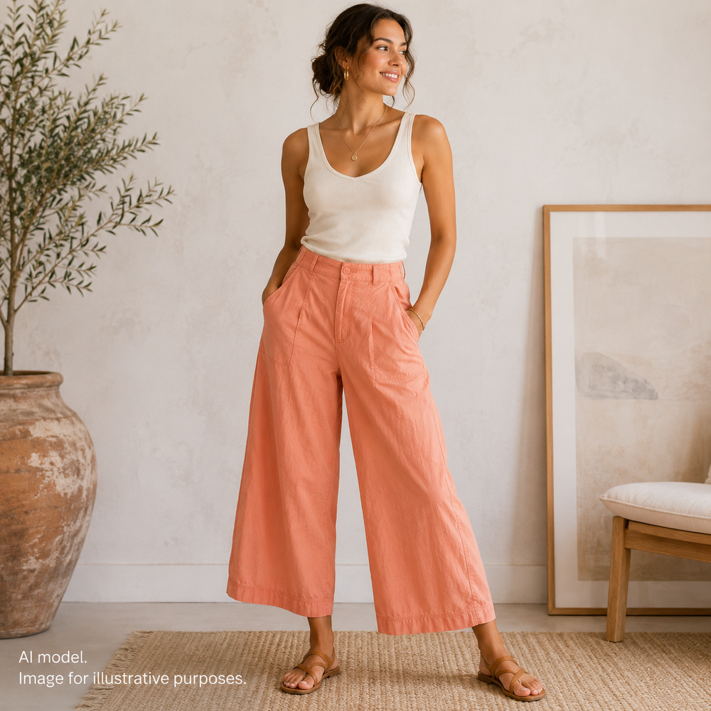 Free People Pants Womens 12 Pink Coral Peach Menorca Crop Wide Leg Cotton Poplin